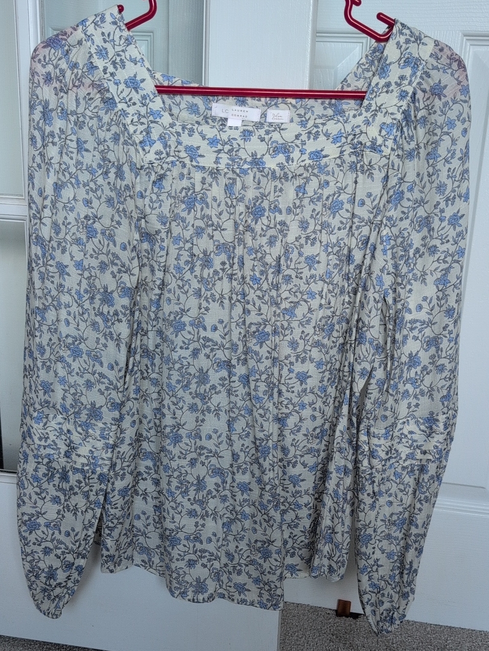 LC Lauren Conrad Cream Blouse with Blue Floral Print